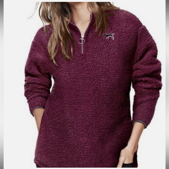 PINK Victoria's Secret Sweaters - PINK Quarter Zip Sherpa Sweater Size Large in Maroon